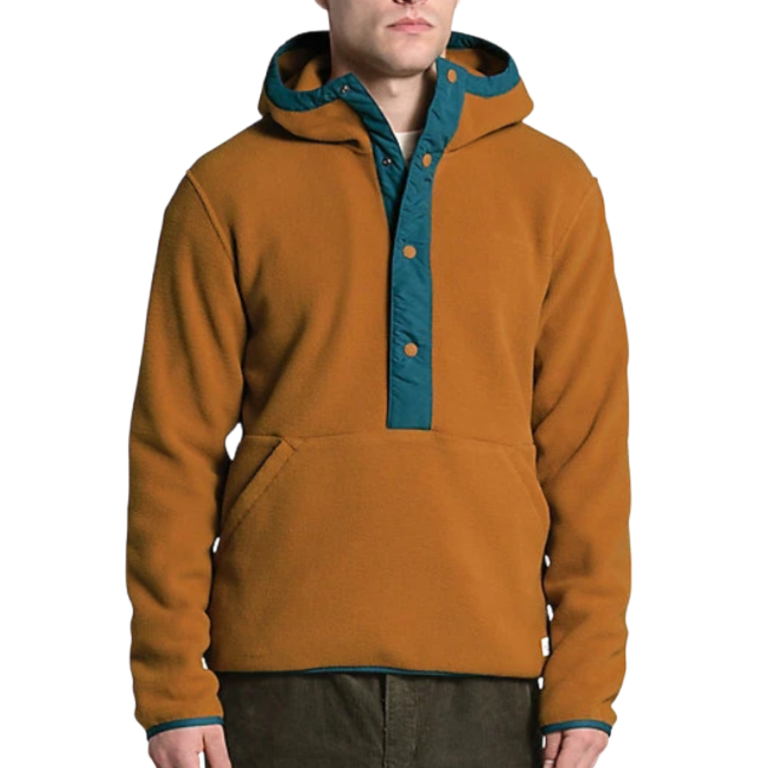 A brown fleece pullover hoodie with a blue snap-button placket and matching blue hood lining, featuring a large front pocket and long sleeves.
