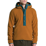 A brown fleece pullover hoodie with a blue snap-button placket and matching blue hood lining, featuring a large front pocket and long sleeves.