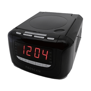 A Proscan clock radio with a CD player and digital display showing the time 12:04. It features buttons for settings such as snooze, alarm, and play functions.