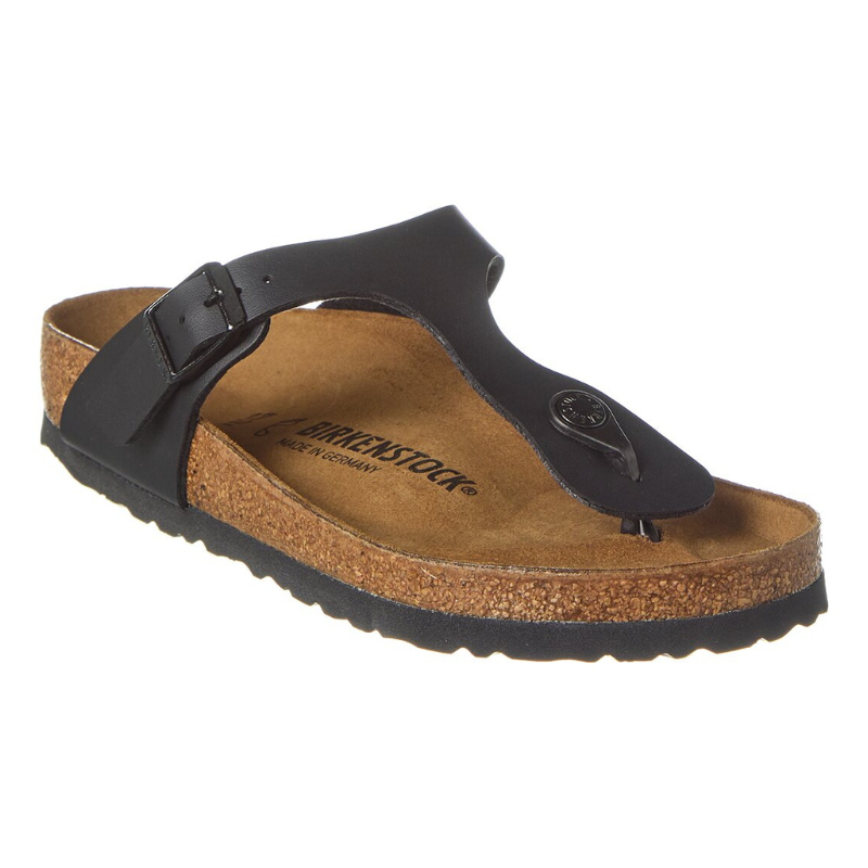 The Gizeh Birko-Flor Sandals feature a black thong-style strap with an adjustable buckle and cork-latex footbed. They have a contoured insole for support and a synthetic sole for traction.