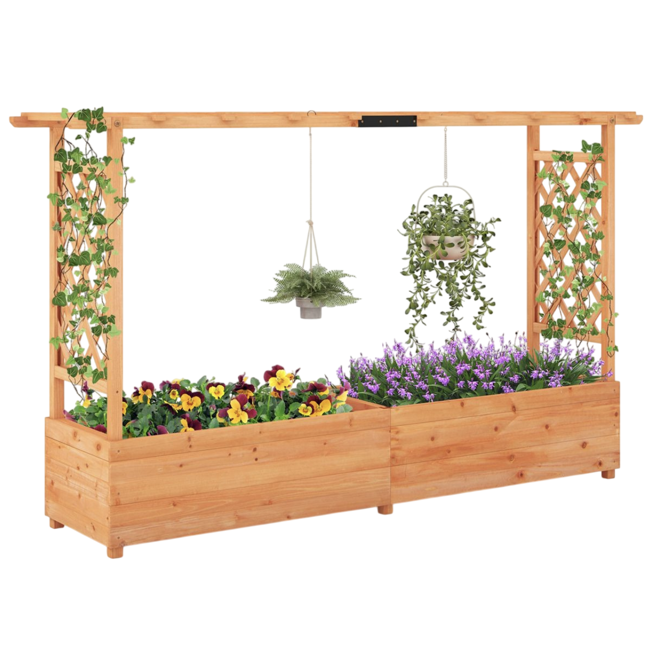 Wooden raised garden bed with trellis, featuring climbing plants, colorful flowers, and two hanging planters, ideal for indoor or outdoor gardening.