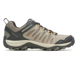 Merrell hiking shoe with a beige, grey, and black color scheme, featuring a rugged sole and mesh upper for breathability and durability.