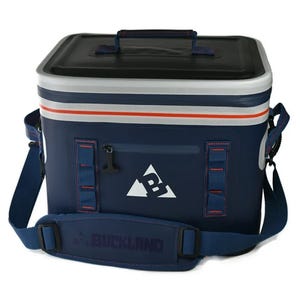 A navy blue insulated cooler bag with a shoulder strap, featuring a triangular logo and a zipper pocket on the front.