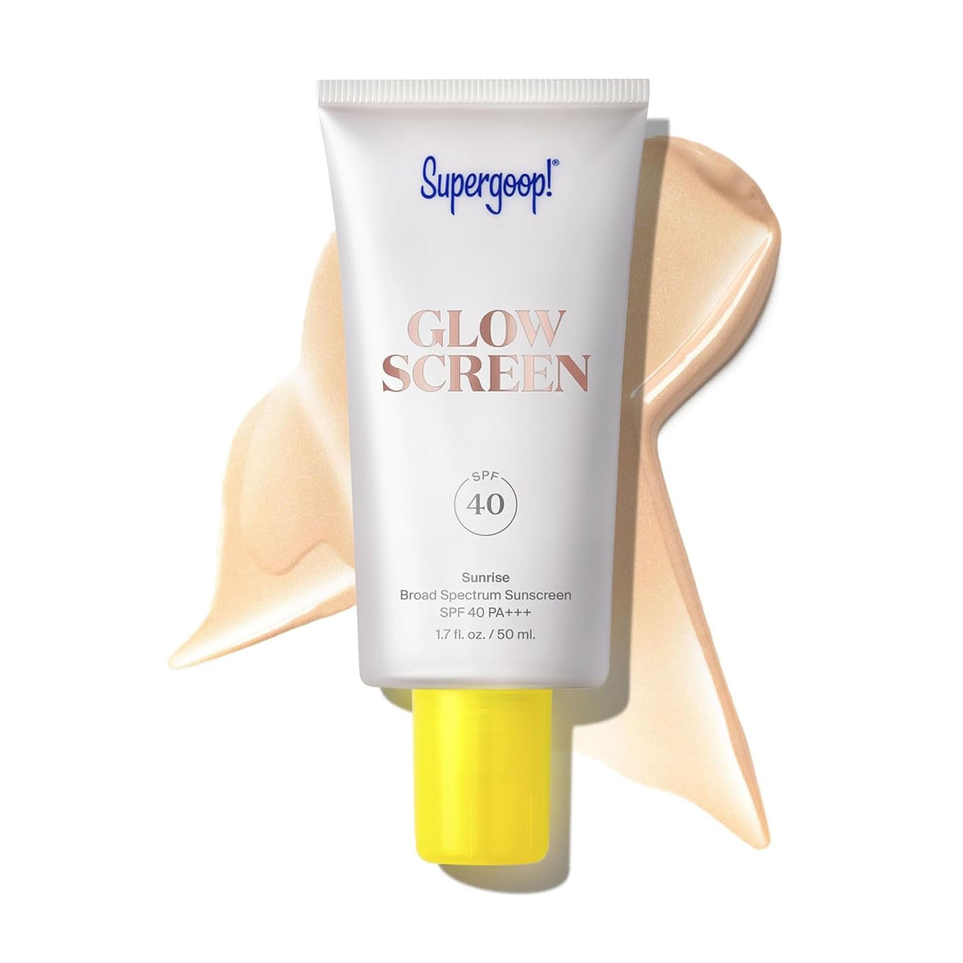 Supergoop! Glowscreen SPF 40, Sunrise, Broad Spectrum Sunscreen, 1.7 fl. oz. / 50 ml, with a yellow cap and a glowy finish.