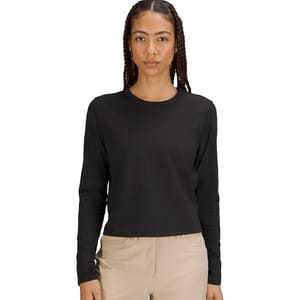 Lululemon Classic-Fit Cotton-Blend Shirt features a black color, long sleeves, and a crew neckline, paired with beige pants. The shirt has a simple, fitted design suitable for casual wear.