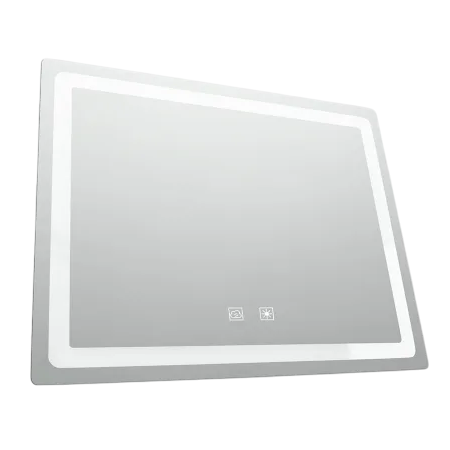 A rectangular bathroom mirror with built-in LED lighting and touch-sensitive controls is depicted.