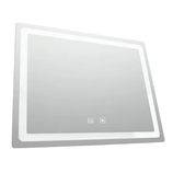 A rectangular bathroom mirror with built-in LED lighting and touch-sensitive controls is depicted.