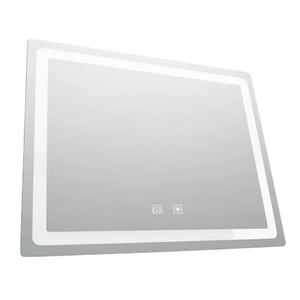 A rectangular bathroom mirror with built-in LED lighting and touch-sensitive controls is depicted.