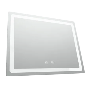 A rectangular bathroom mirror with built-in LED lighting and touch-sensitive controls is depicted.