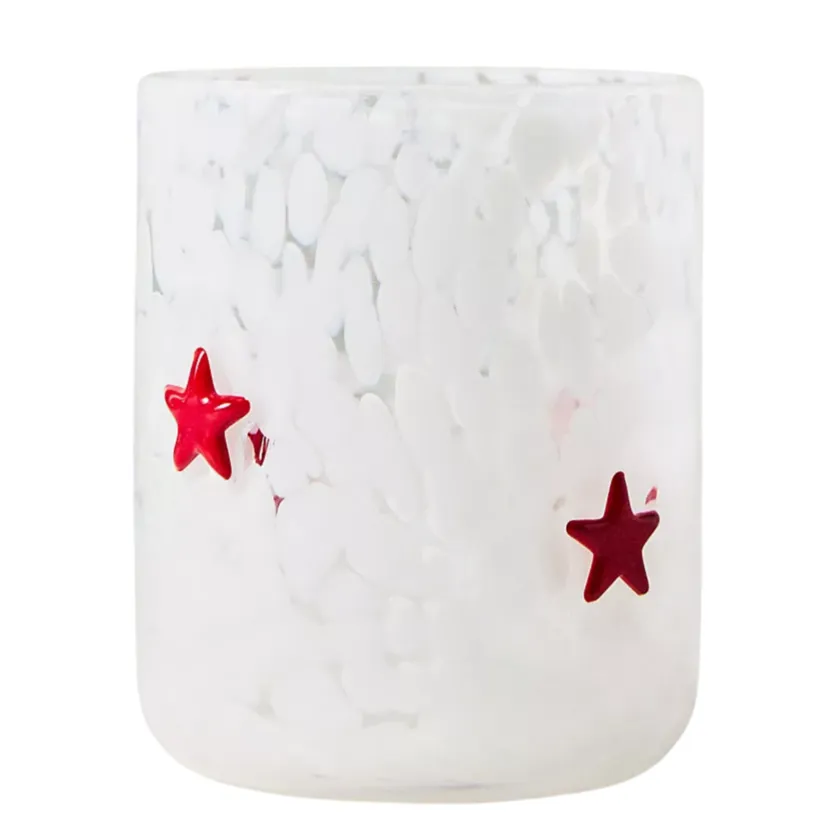 White speckled glass tumbler with two red star accents.