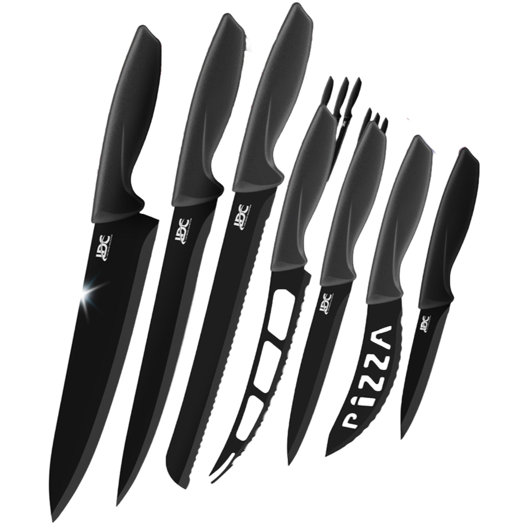 A 7-piece kitchen knife set with black blades and handles, including a chef's knife, bread knife, carving knife, cheese knife, pizza knife, utility knife, and paring knife, featuring a sleek design with some blades labeled for specific uses.