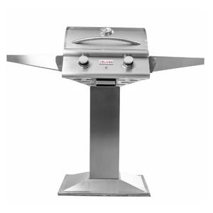 A sleek stainless steel Blaze electric grill featuring two control knobs, a temperature gauge on the hood, and two flat side shelves, all mounted on a sturdy pedestal base.