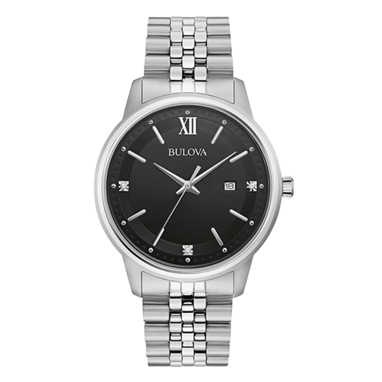 A Bulova wristwatch with a black dial, silver-tone stainless steel case and bracelet, Roman numeral XII, date window at 3 o'clock, and diamond-accented hour markers.