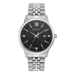 A Bulova wristwatch with a black dial, silver-tone stainless steel case and bracelet, Roman numeral XII, date window at 3 o'clock, and diamond-accented hour markers.