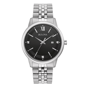 A Bulova wristwatch with a black dial, silver-tone stainless steel case and bracelet, Roman numeral XII, date window at 3 o'clock, and diamond-accented hour markers.