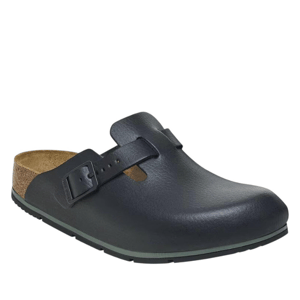 Boston Pro Clogs feature a black leather upper with a single adjustable strap, a cork footbed for support, and a durable rubber sole for traction.