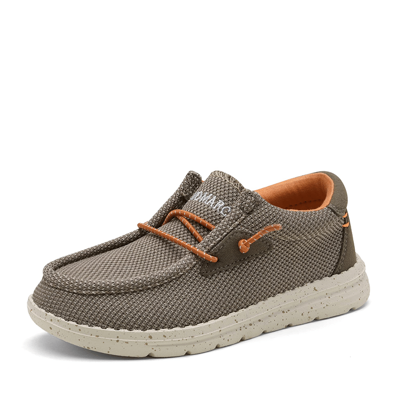 A casual slip-on shoe with a textured brown fabric upper, orange laces, and a speckled beige sole, featuring contrasting orange interior details.