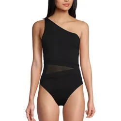 A black one-shoulder swimsuit with an asymmetrical neckline and a mesh cut-out detail at the waist.