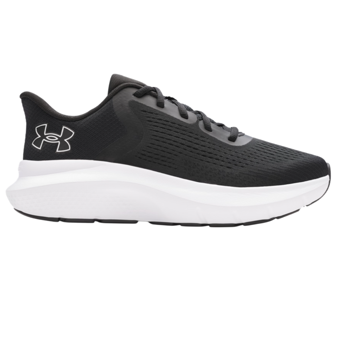 Black athletic shoe with a white sole, featuring a mesh upper and a logo on the side.