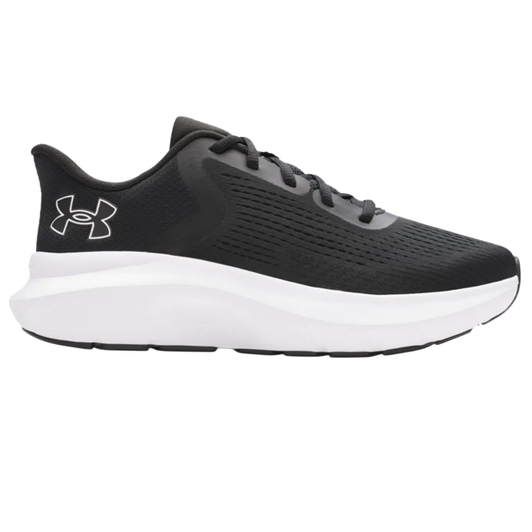 Black athletic shoe with a white sole, featuring a mesh upper and a logo on the side.