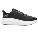 Black athletic shoe with a white sole, featuring a mesh upper and a logo on the side.