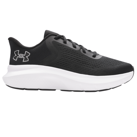 Black athletic shoe with a white sole, featuring a mesh upper and a logo on the side.