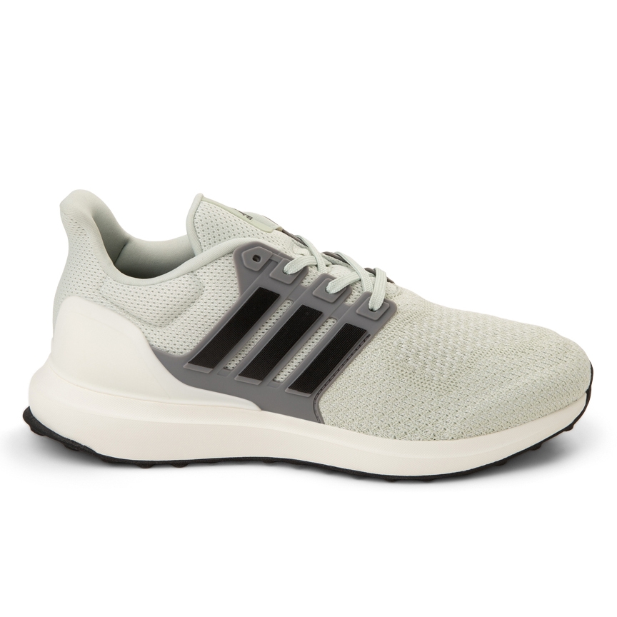A light gray athletic sneaker with a mesh upper, featuring three dark stripes on the side and a supportive heel counter, designed for comfort and style.