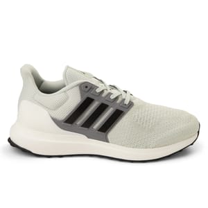 A light gray athletic sneaker with a mesh upper, featuring three dark stripes on the side and a supportive heel counter, designed for comfort and style.