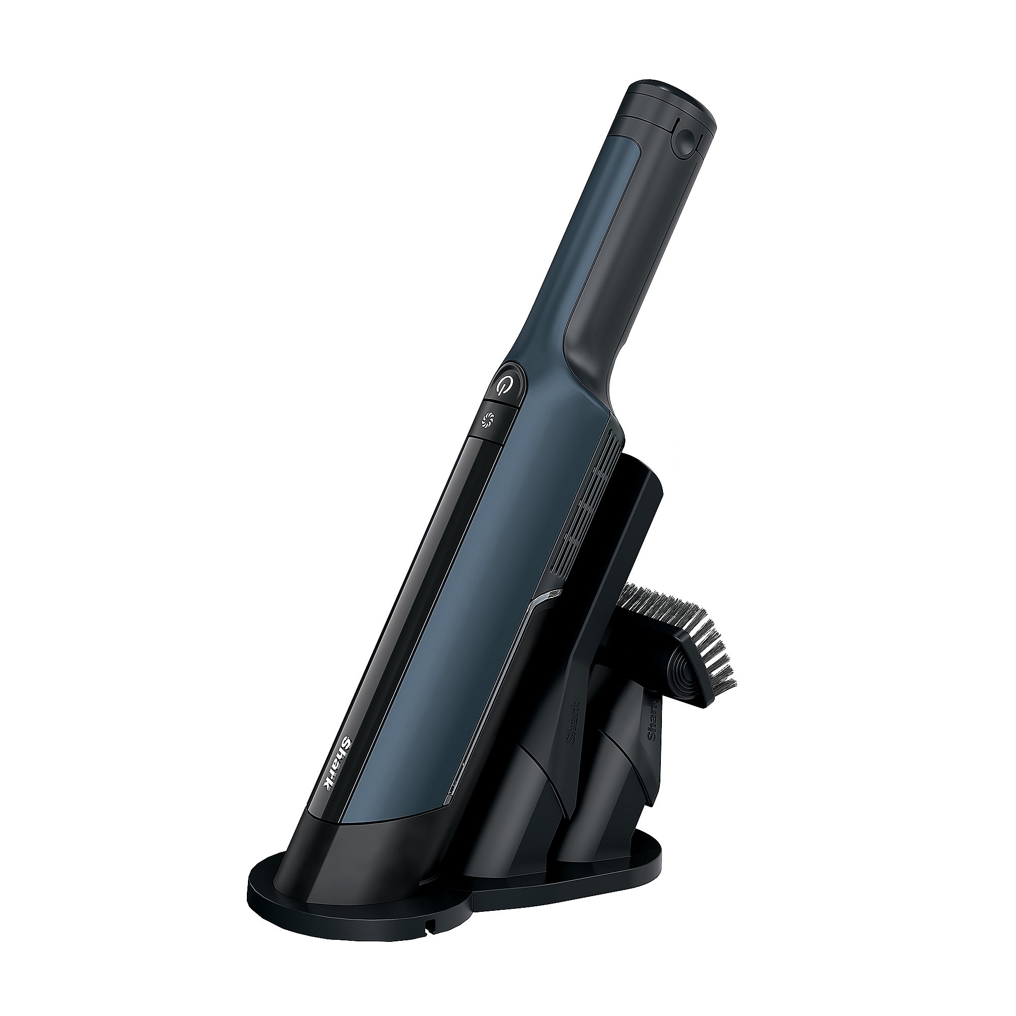 Handheld vacuum cleaner with a slim design, shown in its charging dock with various attachments.