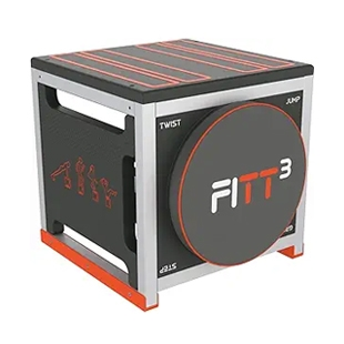 A multifunctional workout cube labeled \“FITT 3\“ with illustrations for various exercises and text indicating \“TWIST\“ and \“JUMP.\“