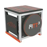 A multifunctional workout cube labeled \“FITT 3\“ with illustrations for various exercises and text indicating \“TWIST\“ and \“JUMP.\“