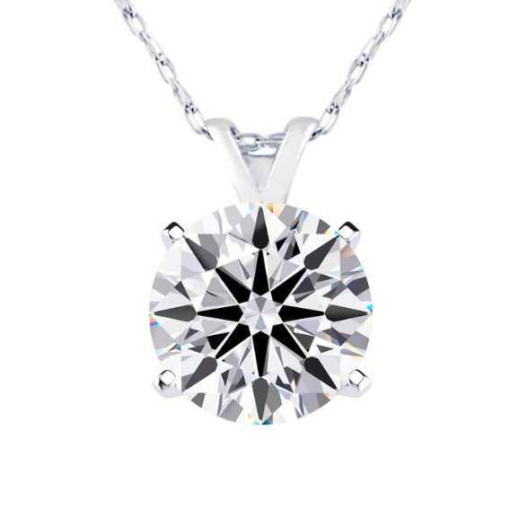 A 1.5-carat lab-grown diamond necklace featuring a round-cut diamond set in a four-prong setting on a delicate chain. The pendant has a classic and elegant design.