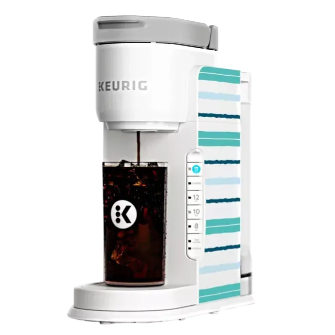 A Keurig coffee maker designed for brewing iced coffee, featuring a white and teal striped pattern.