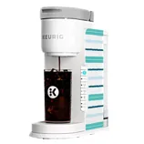 A Keurig coffee maker designed for brewing iced coffee, featuring a white and teal striped pattern.
