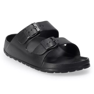 Black slip-on sandal with dual adjustable buckles and a textured sole.