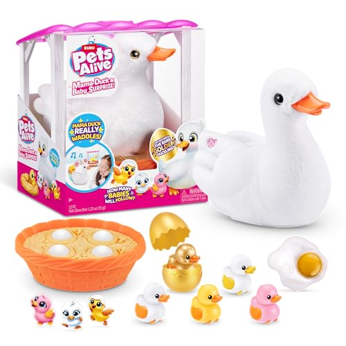 This is the Little Live Pets Mama Duck and Baby Surprise set, featuring a motorized mother duck and her three baby ducklings that hatch from eggs, with a nesting basket included.