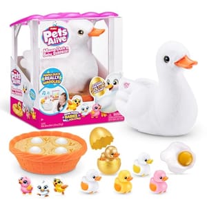 This is the Little Live Pets Mama Duck and Baby Surprise set, featuring a motorized mother duck and her three baby ducklings that hatch from eggs, with a nesting basket included.
