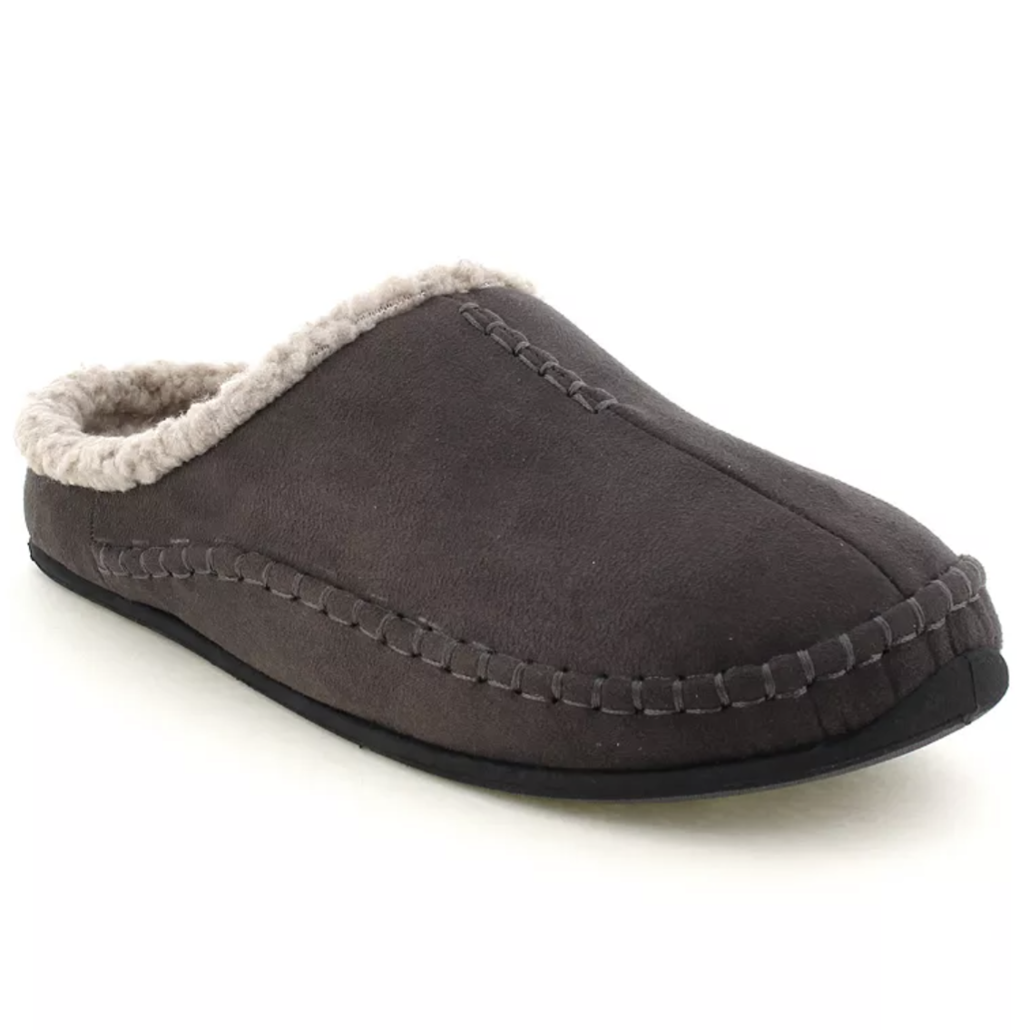 A brown slipper with faux fur lining, featuring stitched details and a closed toe design.