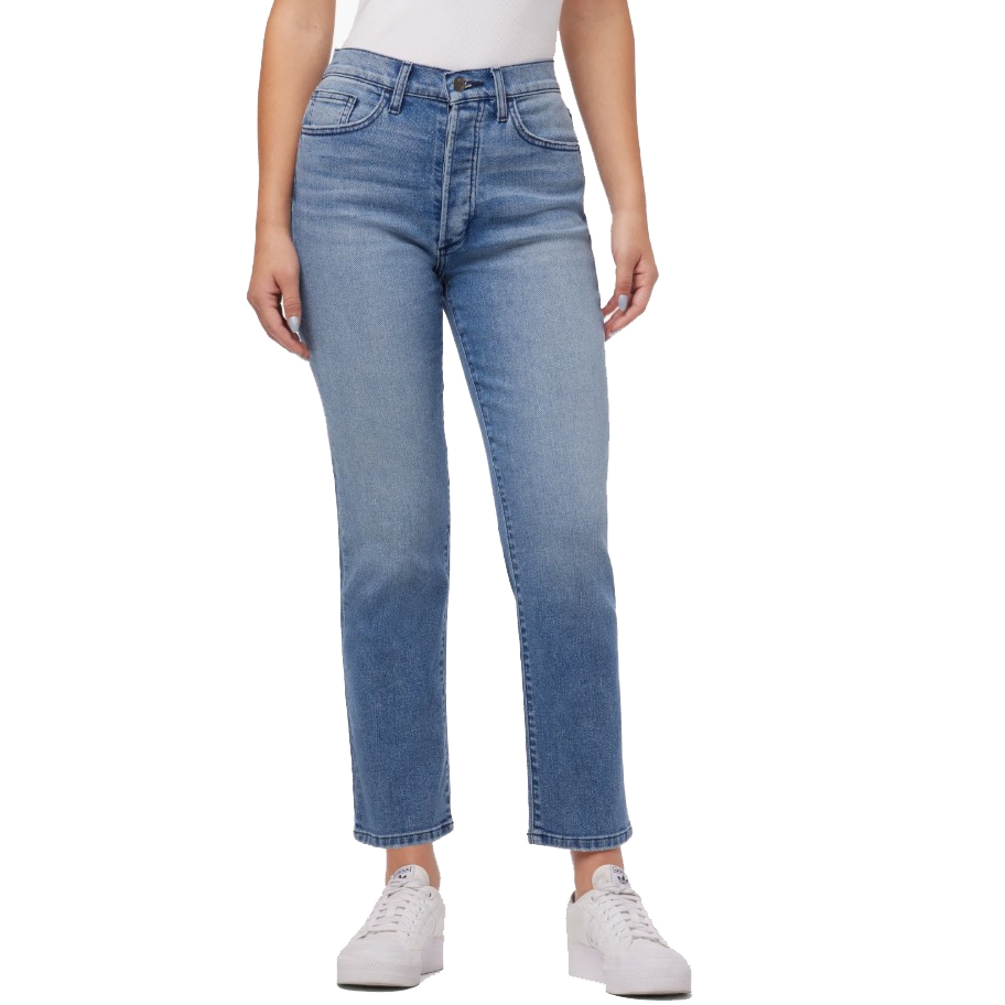 A person is wearing high-rise, straight-leg blue jeans paired with white sneakers and a white top.