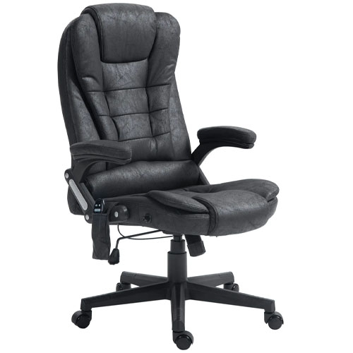 A black executive office chair with adjustable armrests, cushioned backrest, and a swivel base with wheels, designed for ergonomic support.