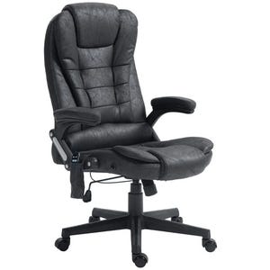 A black executive office chair with adjustable armrests, cushioned backrest, and a swivel base with wheels, designed for ergonomic support.