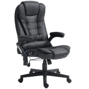 A black executive office chair with adjustable armrests, cushioned backrest, and a swivel base with wheels, designed for ergonomic support.