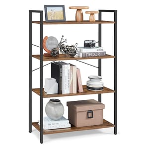 A 4-tier bookshelf with a black metal frame and wooden shelves displays various decor items: framed photo, decorative mushrooms, mini motorcycle, camera, books, canisters, a vase, and a storage box.