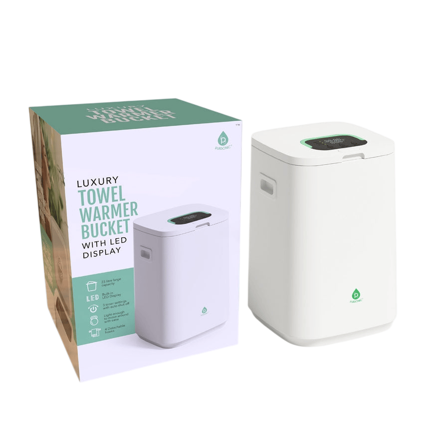 Luxury towel warmer bucket with LED display, featuring 23-liter capacity and detachable base.