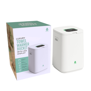 Luxury towel warmer bucket with LED display, featuring 23-liter capacity and detachable base.