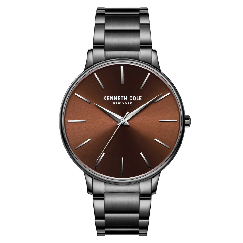 Kenneth Cole New York men's wristwatch featuring a brown sunray dial with silver markers and hands, housed in a stainless steel case with a matching bracelet.
