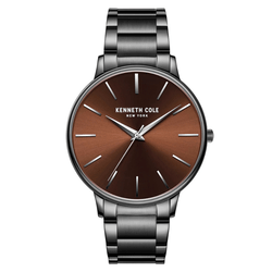 Kenneth Cole New York men's wristwatch featuring a brown sunray dial with silver markers and hands, housed in a stainless steel case with a matching bracelet.