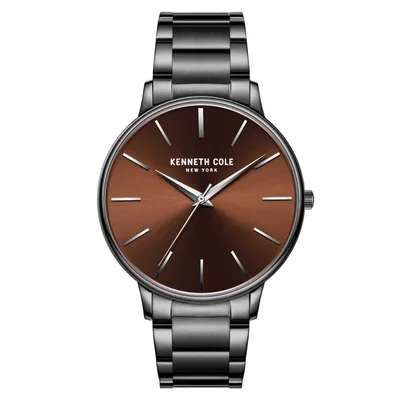 Kenneth Cole New York men's wristwatch featuring a brown sunray dial with silver markers and hands, housed in a stainless steel case with a matching bracelet.