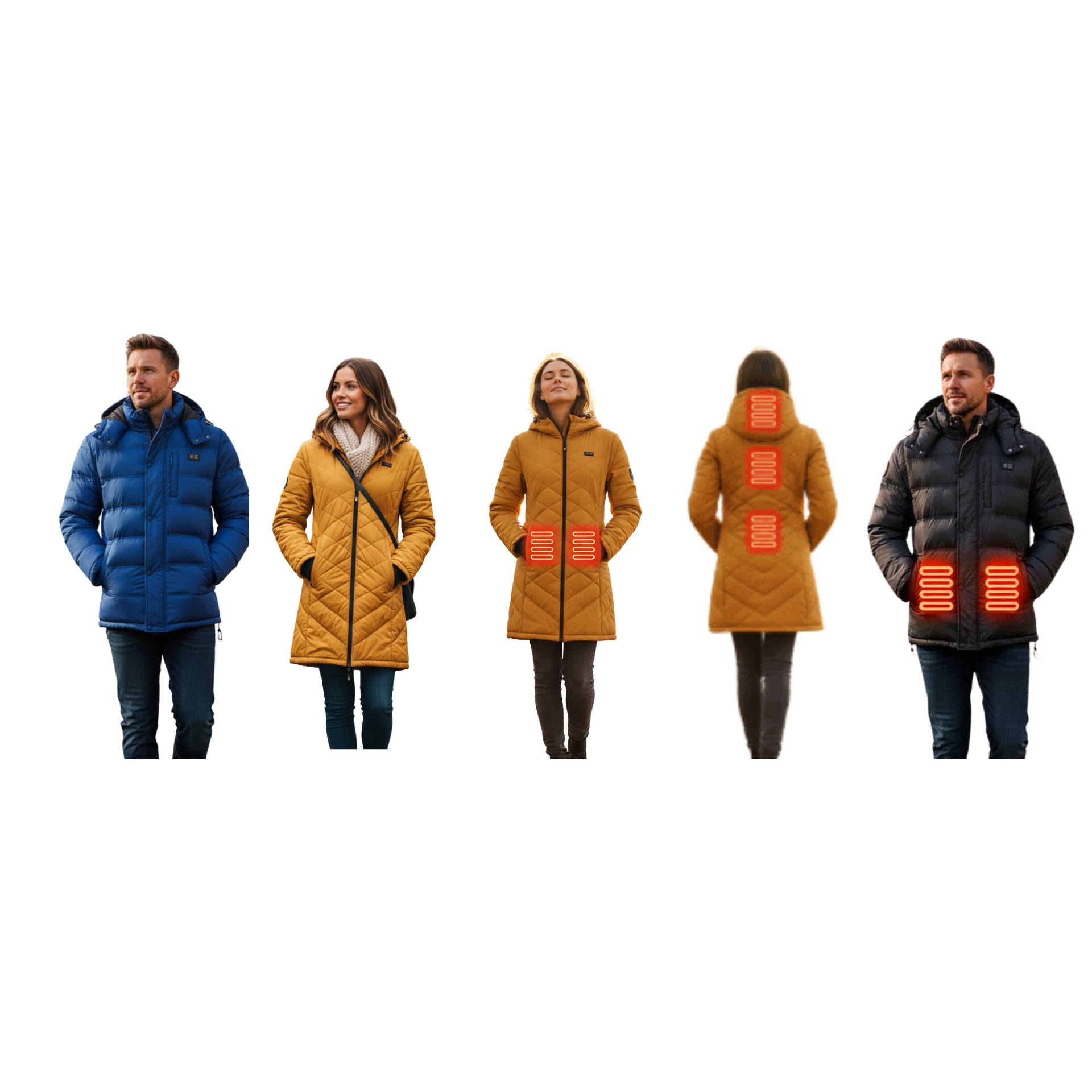 Heated jackets with visible heating elements in various designs and colors for men and women, featuring highlighted heating zones on the chest, back, and sides.
