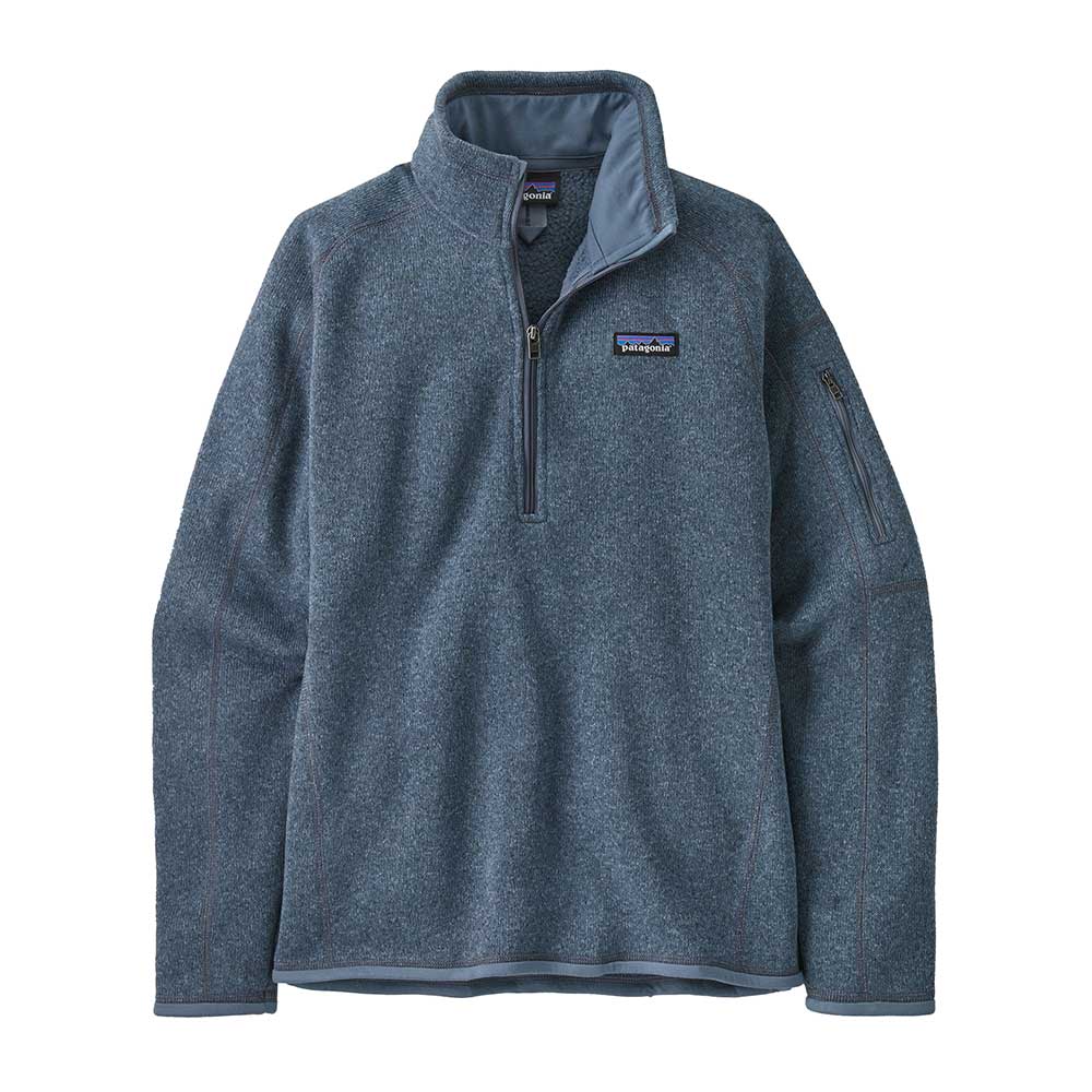 A blue quarter-zip fleece pullover with a zippered sleeve pocket and a small logo patch on the chest.